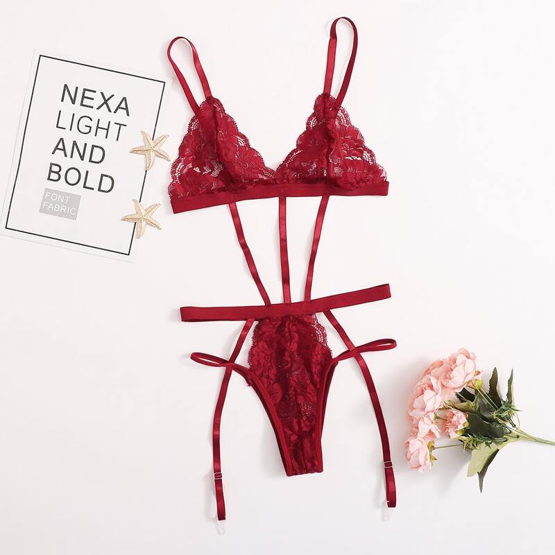 

Floral Lace Cut-out Garter Teddy Bodysuit, Red