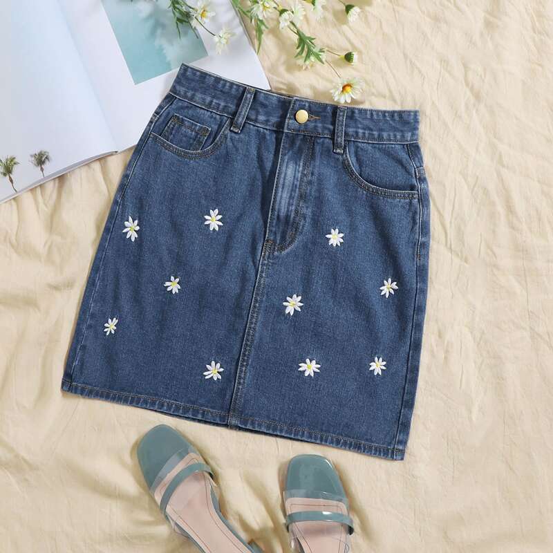 

Daisy Embroidery Button Front Denim Skirt, Blue