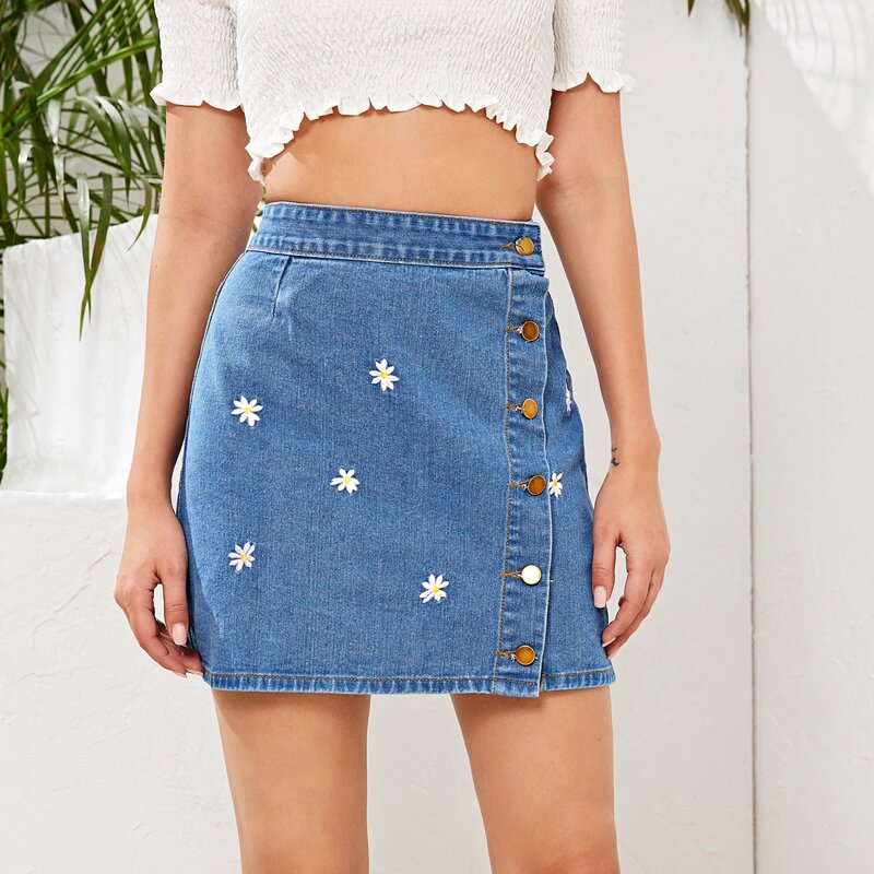 

Daisy Embroidery Button Front Denim Skirt, Blue