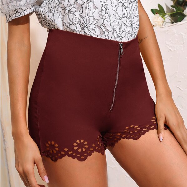 

Hollow Out Zip Front Shorts, Burgundy