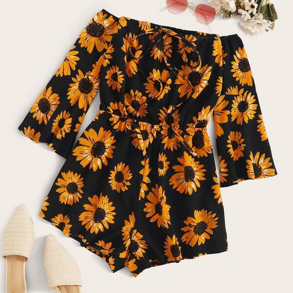 

Plus Sunflower Print Tie Front Bardot Romper, Multicolor
