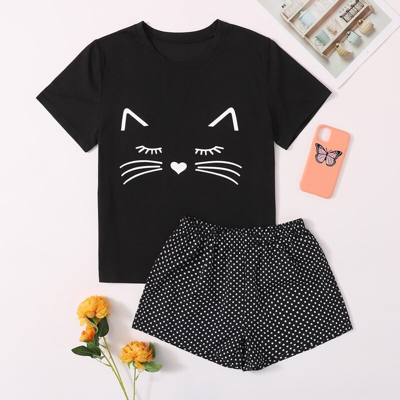 

Cartoon & Polka Dot PJ Set, Black