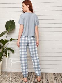 Slogan Graphic Tee With Buffalo Plaid Trousers PJ Set - Grey - View 2