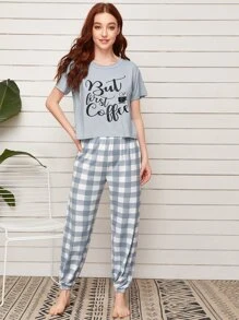Slogan Graphic Tee With Buffalo Plaid Trousers PJ Set - Grey - View 5