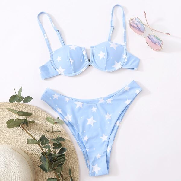 

Star Print V Wired Underwire Bikini Swimsuit, Blue