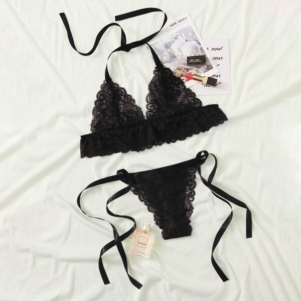 

Floral Lace Knot Detail Lingerie Set, Black