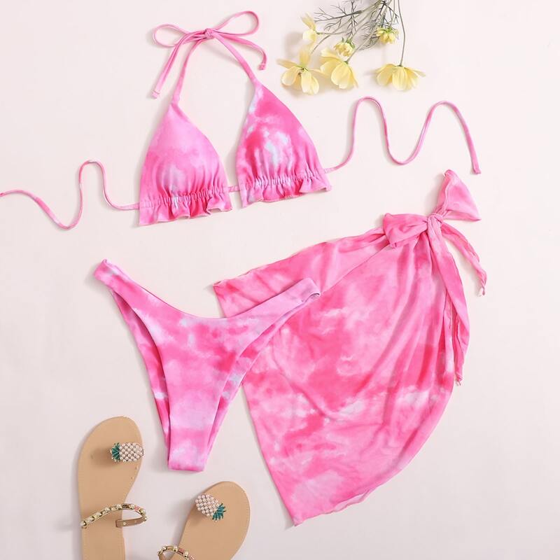 

3pack Tie Dye Triangle Bikini Swimsuit With Beach Skirt, Pink