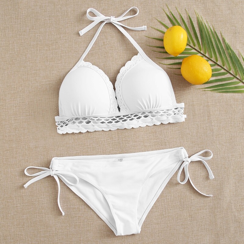 

Contrast Trim Halter Tie Side Bikini Swimsuit, White