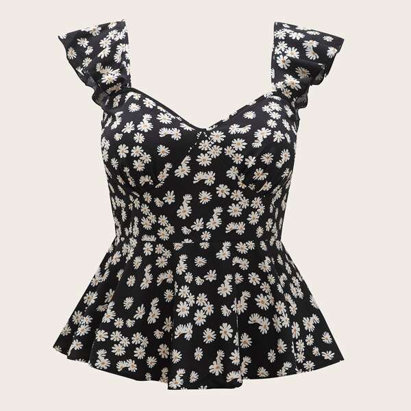 

Plus Ruffle Trim Daisy Floral Peplum Top, Black