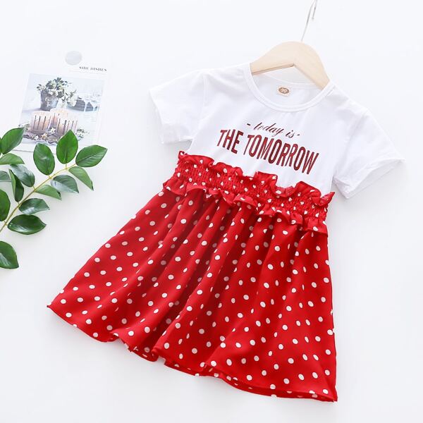 

Toddler Girls Polka Dot & Slogan Graphic Frill Dress, Multicolor