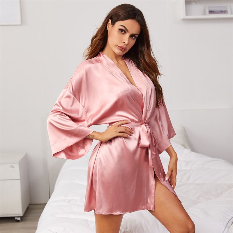 

3pack Floral Lace Lingerie Set With Satin Robe, Pink
