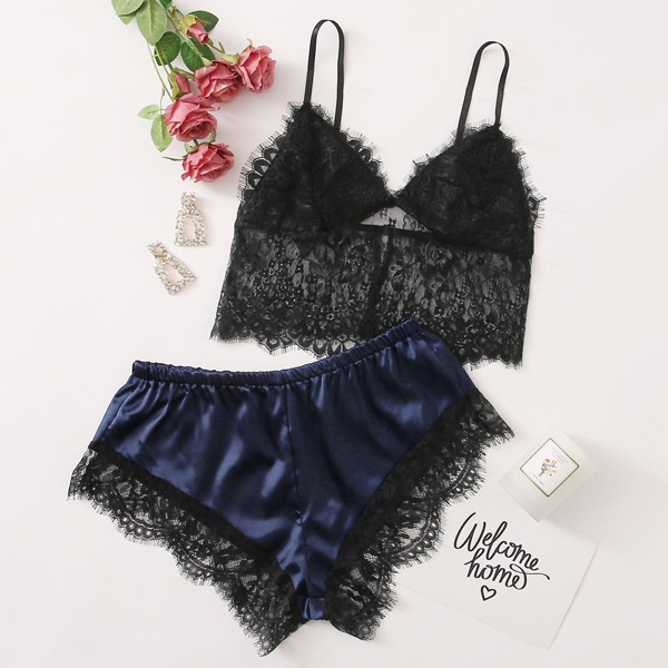 

Eyelash Lace Satin Lingerie Set, Black