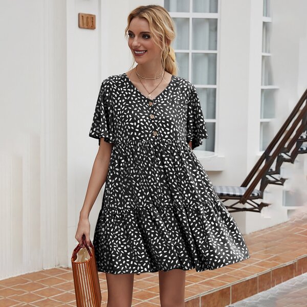 

Dalmatian Print Button Front Smock Dress, Black