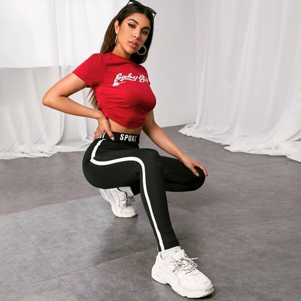 

Letter Tape Waist Side Stripe Sports Leggings, Black