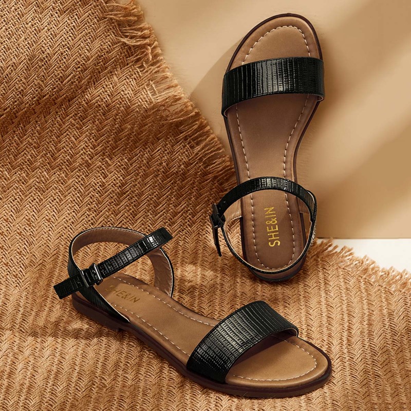 

Lizard Embossed Ankle Strap Sandals, Black