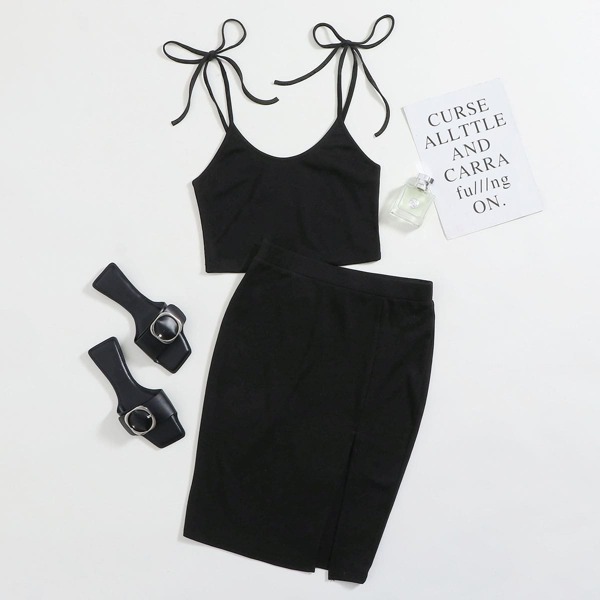 

Knot Strap Cami Top & Split Hem Skirt Set, Black