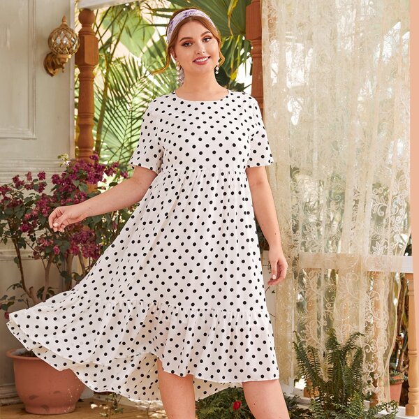 

Plus High-low Ruffle Hem Polka Dot Dress, White