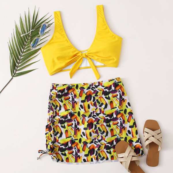 

Plus Allover Graphic Skort Bikini Swimsuit, Multicolor