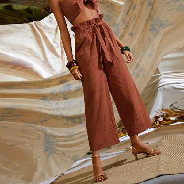 

Paperbag Waist Belted Wide Leg Pants, Red