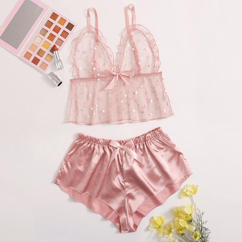 

Polka Dot Mesh Bralette With Satin Shorts, Pink