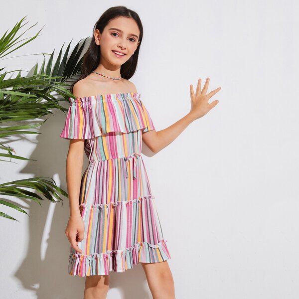 

Girls Off Shoulder Tie Front Layered Hem Striped Dress, Multicolor