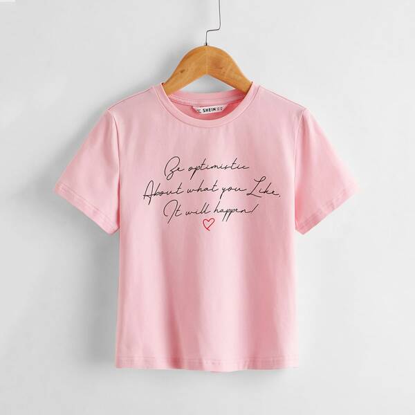 

Girls Slogan & Heart Print Top, Pink