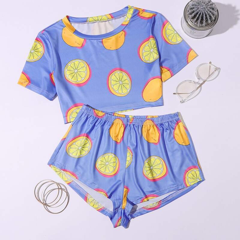 

Lemon Print Crop Tee & Shorts PJ Set, Blue