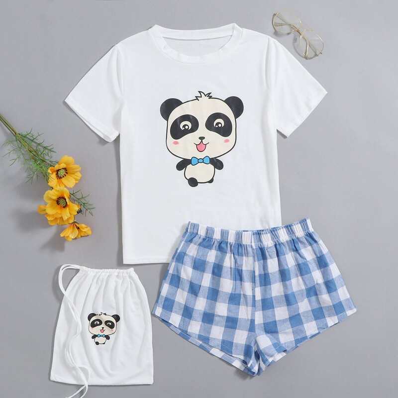 

Cartoon & Gingham Print PJ Set, Multicolor