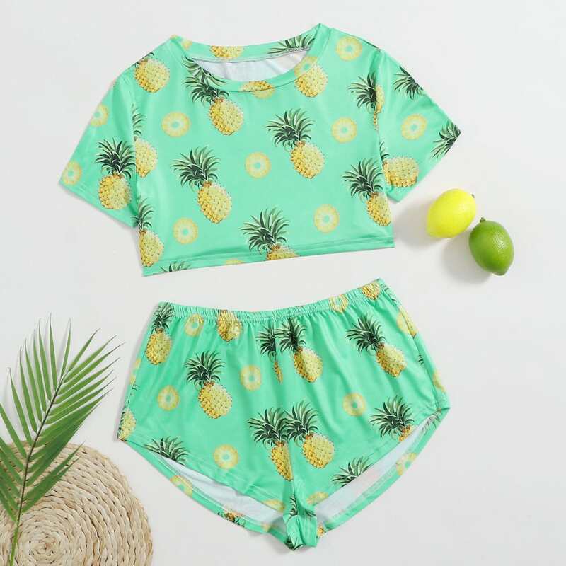 

Allover Pineapple Print PJ Set, Green