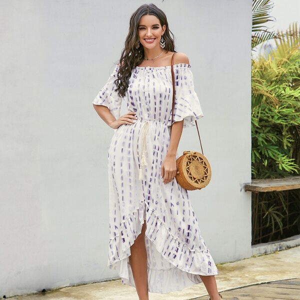 

Tie Dye Drawstring Waist Asymmetric Bardot Dress, White