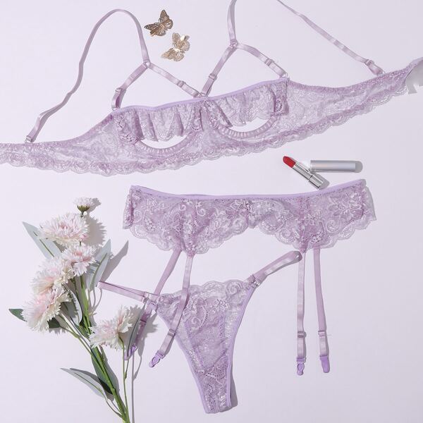 

Plus Floral Lace Underwire Garter Lingerie Set, Pastel lilac purple