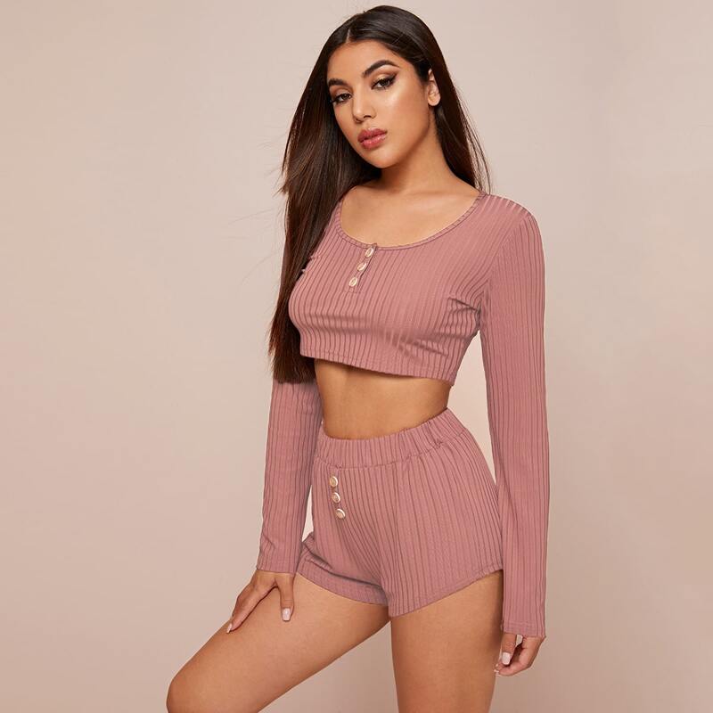 

Solid Button Detail Ribbed PJ Set, Pink