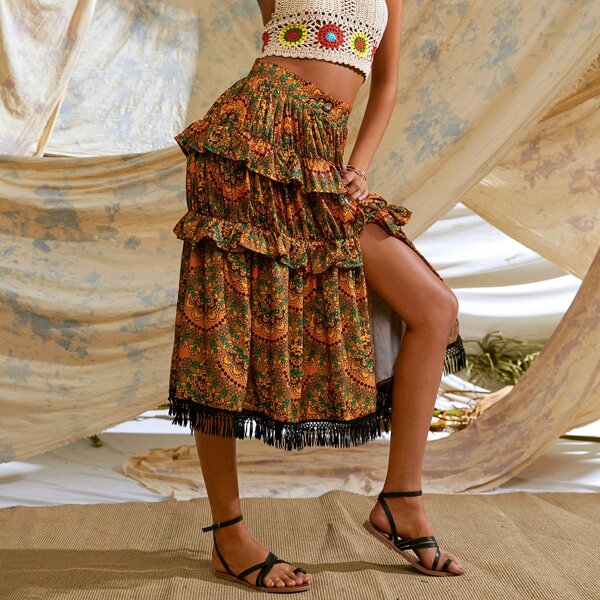 

Aztec Print Ruffle Fringe Split Thigh Skirt, Multicolor