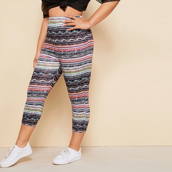 

Plus Striped & Tribal Print Capris Leggings, Multicolor