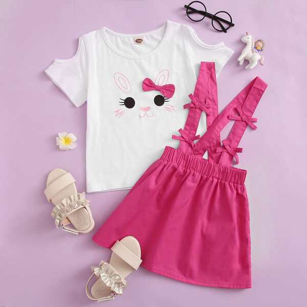 

Toddler Girls Cartoon Graphic Cold Shoulder Tee With Skirt, Multicolor