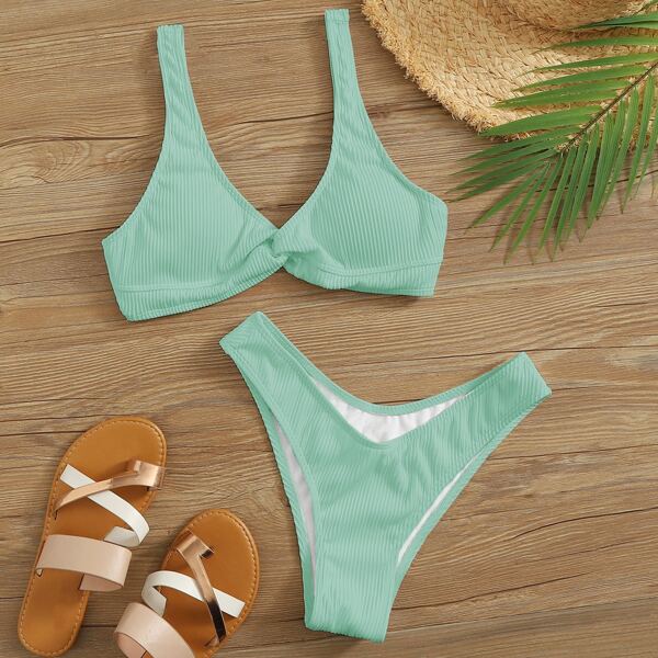 

Rib Twist Front High Cut Bikini Swimsuit, Green