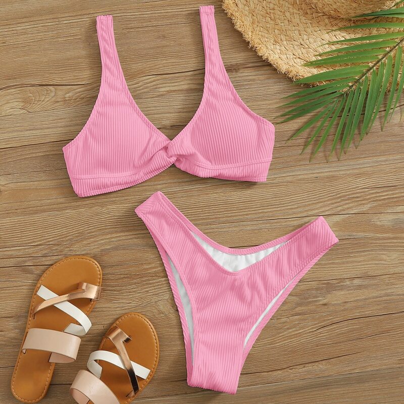 

Rib Twist Front High Cut Bikini Swimsuit, Pink