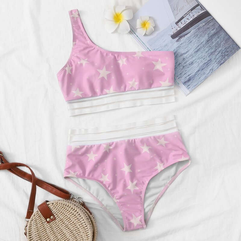 

Star Print One Shoulder Bikini Swimsuit, Pink