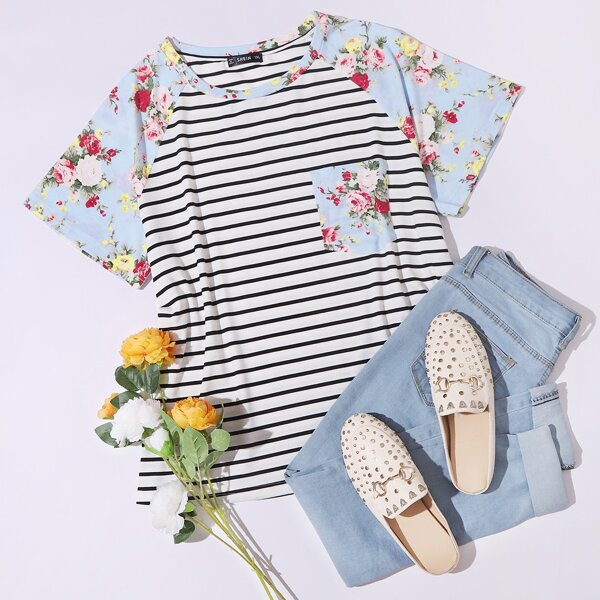 

Plus Floral Pocket Patched Raglan Sleeve Striped Top, White