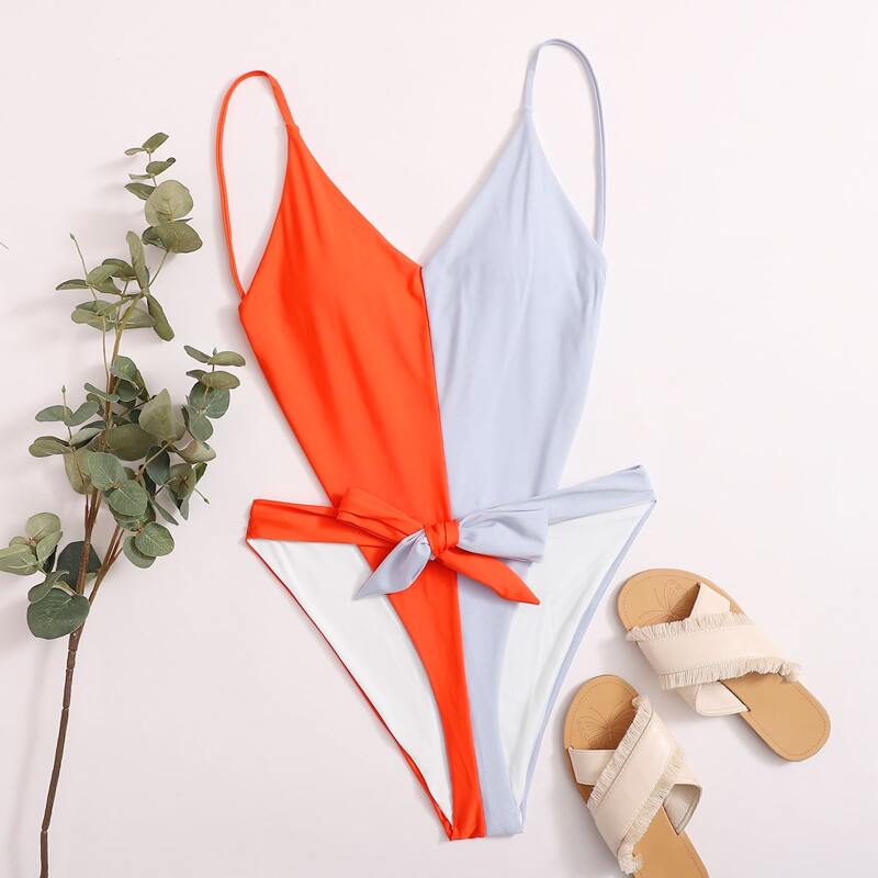 

Two Tone Knot Front One Piece Swimsuit, Multicolor