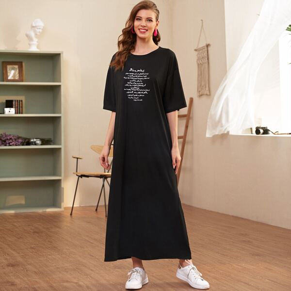 

Slogan Graphic Drop Shoulder Tee Dress, Black