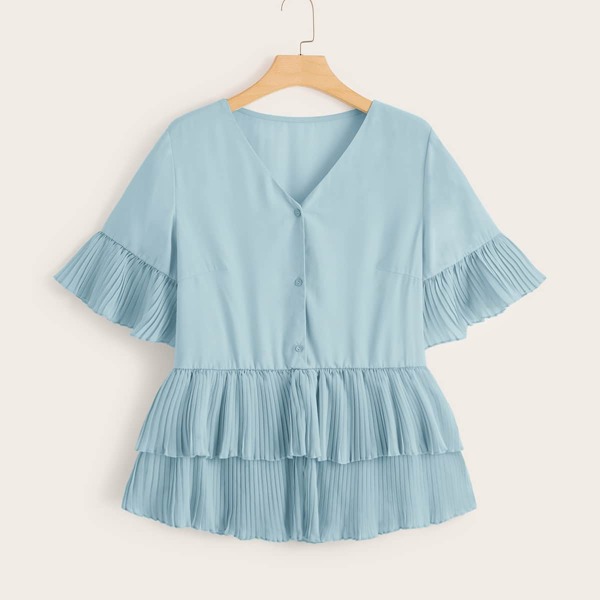

Plus Button Front Pleated Layered Ruffle Babydoll Blouse, Blue pastel