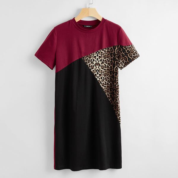 

Leopard Print Colorblock Tee Dress, Multicolor