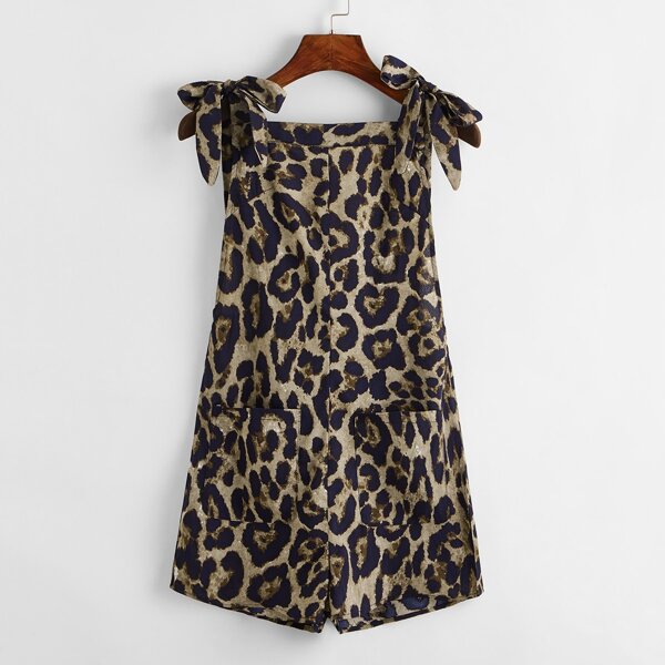 

Knot Shoulder V-cut Back Patch Pocket Leopard Romper, Multicolor