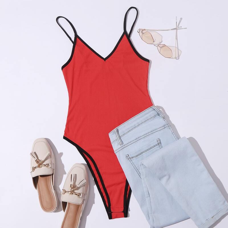 

Contrast Binding Rib-knit Cami Bodysuit, Red