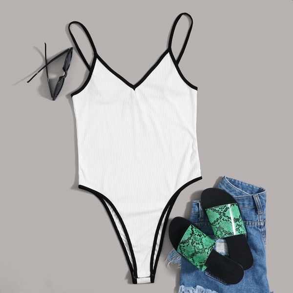 

Contrast Binding Rib-knit Cami Bodysuit, White