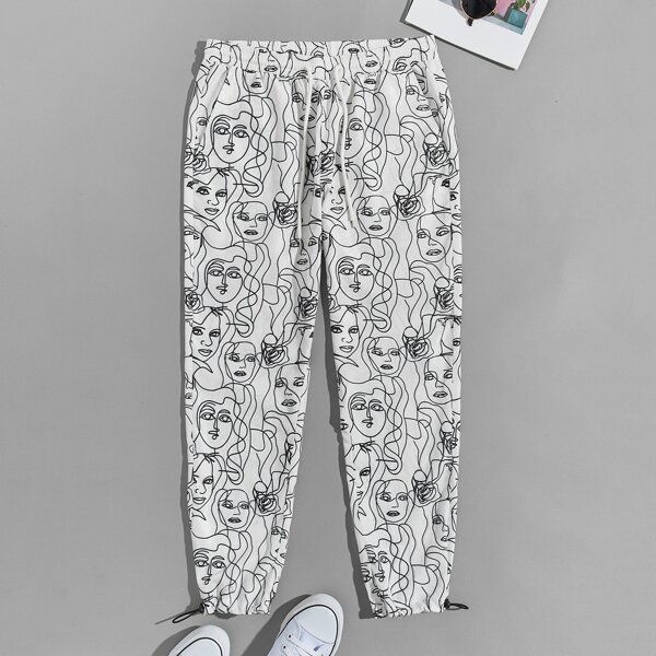 

Men Drawstring Waist Figure Graphic Pants, White