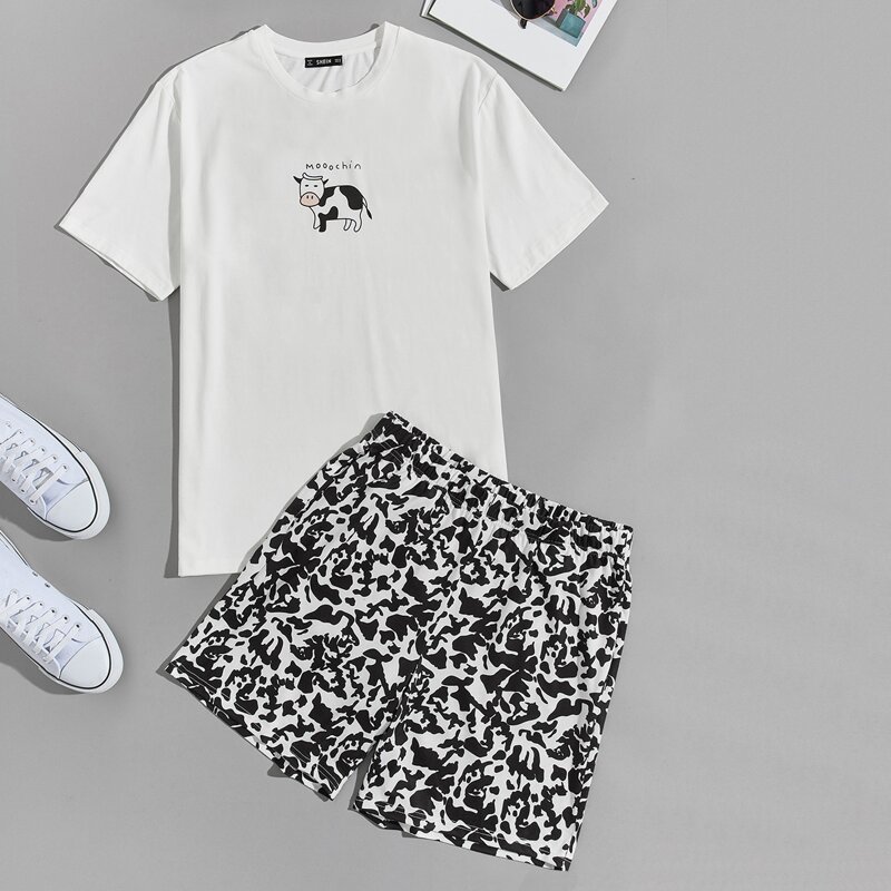 

Guys Cow and Letter Graphic Top & Shorts PJ Set, Black and white