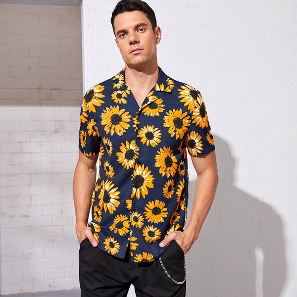 

Men Button Front Sunflower Print Shirt, Navy blue