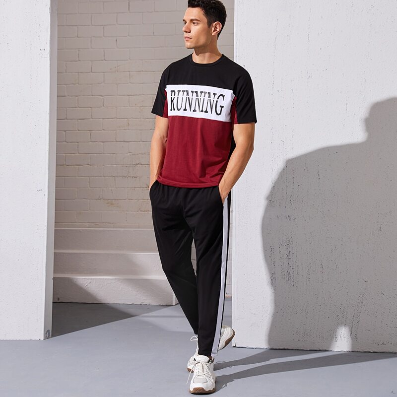 

Guys Letter Graphic Colorblock Top & Striped Side Pants Set, Black